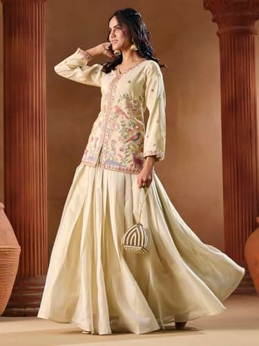 madhuram textiles Women's Shimmar Top Skirt Set for Women V-Neck Embroidered Ethnic Wear Dress(M-2558 Off White_Small) 3