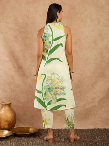 Amazon Brand - Anarva Women's Pure Cotton Sleeveless Hand Block Printed Kurta With Pant (green-leaf-l) 3