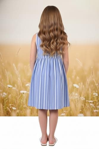 Cloth Bites Girls' Summer Cotton Striped Sleeveless A-Line Dress – Casual Button-Down Frock with Pockets Knee-Length Sundress for Kids Light Blue 4