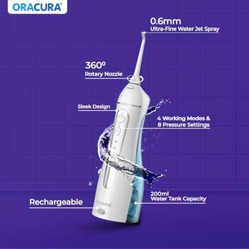 ORACURA® Smart PLUS Water Flosser® OC200 LITE White with 2 Nozzle tips | Portable & Rechargeable | Custom 8 Water Pressure Settings | 200ml Water Tank Capacity | IPX7 Waterproof | 365 Days Warranty 5