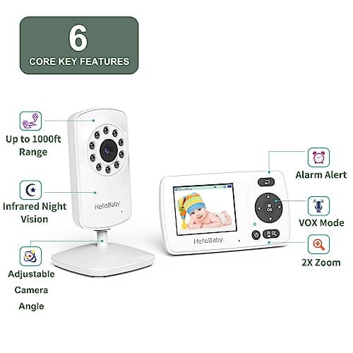 HelloBaby Monitor with Camera and Audio, 1000ft Long Range Video Baby Monitor-No WiFi, Night Vision, VOX Mode-Power Saving, 2.4'' Portable Travel Screen, Baby Safety Camera, for Baby/Pet, Plug & Play 2