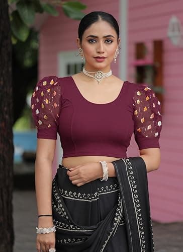 Amazon Brand - Anarva Round Neck Lycra Stretchable Puffed Elbow Sleeve Readymade Saree Blouse for Women Stylish (roli-Wine-Blouse-l) 2