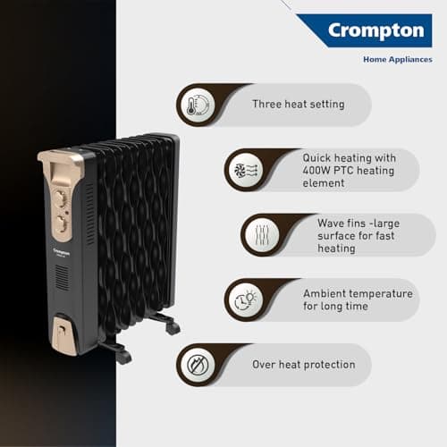 Crompton 09 Fin Insta Ferver wave Fin OFR (Oil Filled Radiator)|Room Heater|2400 W|3 Heat Settings & PTC Fan Heater|Over heat & Tilt protection |360° Heating (Black)|2yrs warranty|Black & Copper 3
