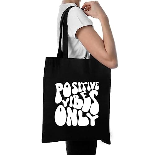 Clapcart Black Canvas Tote Bag for Women | Printed Multipurpose Cotton Zipper Bags | Cute Hand Bag for Girls (Positive Vibes Only Print) 2