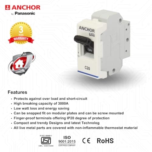 Anchor by Panasonic 65983 UNO Mini Penta Modular 20 Ampere Single Pole C Curve MCB 3
