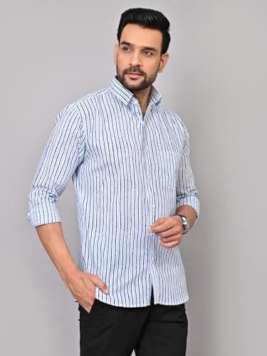 Aaheli Men’s Blue Haze Stripes Cotton Shirt | Handbrush-Style Vertical Blue Stripes, Soft & Breathable Cotton, Regular Comfort Fit Full Sleeve Casual Shirt for Men | L 5