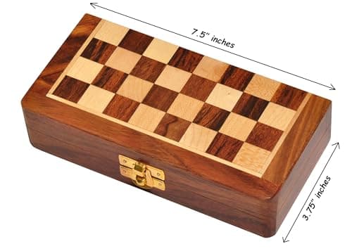 PALM ROYAL HANDICRAFTS Very Small Size Wooden Handmade Foldable Magnetic Chess Board Set with Magnetic Pieces and Extra Queens for Kids and Adults (7.5x7.5 Inches, Brown) 3