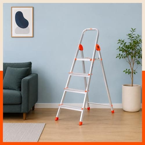 Bathla Safex 4-Step Aluminium Ladder for Home | 150 Kg Load Capacity | Anti-Slip Steps | Sure-Hinge Technology | Edge Guards | Foldable Design | 5 Year Warranty