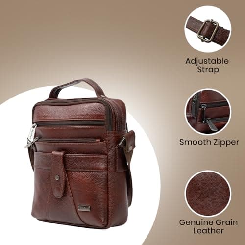 Rich Born Front Ribbon Flap Genuine Leather Men’s Sling Bag | Multi-Pocket Crossbody Messenger with Top Handle, Front Zip Pocket, Adjustable Strap | Compact Travel & Office Everyday Carry|Brown 4