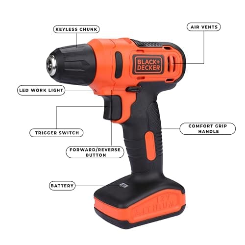 BLACK+DECKER LD12SP 12V 10mm Li-ion Cordless Variable Speed Reversible Drill Machine Driver with 10 Screwdriver & 2 Drill Machine Bits for Home & DIY Use, 1 Year Warranty, ORANGE & BLACK 3