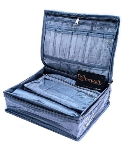 Trendifly Laminated PVC Travel Jewellery Storage Organiser Bags for women Earrings Rings Bracelet With 4 Transparent Pouches 1 Rod For Bangle and Large Cosmetic Makeup Brush (Blue)