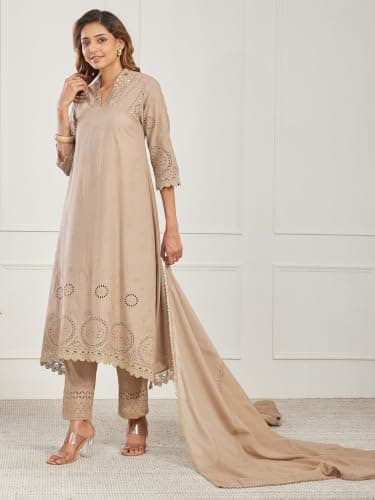 BIBA Embroidered Cotton Asymmetric Casual Kurta With Palazzo And Dupatta 4