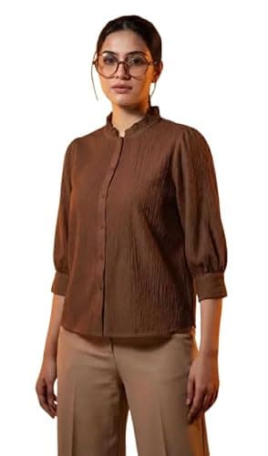 Messica Women Brown Solid Cotton Blend Knitted Top | Ruffle Neck | 3/4 Sleeve | Regular Fit Casual Office Wear Top (in, Alpha, M, Regular, Brown)