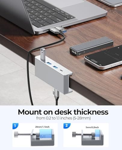 USB Hub 3.0, Clamp USB Hub with Extra Power Supply Port, Aluminum 4-Port USB Adapter with 3 USB-A Data Ports, USB-C Port for Monitors, Desks Desktops, Keyboards, Laptops, Smartphones, (MHPC 5IN 1) 5