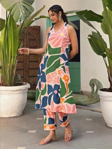 Amazon Brand - Anarva Women's Pure Cotton Sleeveless Hand Block Printed Relaxed Fit Kurta with Pant (tl-Prisha-Multicolor-Large) 5