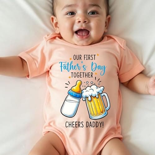 KNITROOT Baby Bodysuit for Newborn | 0-12 Months Soft Cotton Envelope Neck Baby Romper | Our First Father Day Together Cheers Daddy! Printed Onesie | 6-9 Months Peach 4