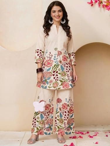 Women's Ethnic Co-Ord Set | Kurta Pant Set | Kurta Palazzo Set | Stylish Cotton Suit Set for Women, Festival Co-ord Set (in, Alpha, 3XL, Regular, Woman, Floral Off-White) 4