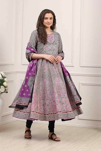 Biba Women Purple Cotton Printed Anarkali Suit Set_38 2