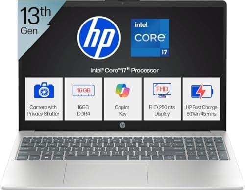 HP 15, Ci7-13620H 13th Gen Laptop (16GB DDR4, 512GB SSD) Anti-Glare, Micro-Edge, 15.6''/39.6cm, FHD, Win11, M365 Basic(1yr), Office Home24, Silver,1.65kg, FHD Camera W P. Shutter, Backlit,15-Fr0025TU