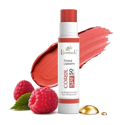 Kaumudi Brightening Tinted Lip Balm | SPF 50 PA+++ In-Vivo Tested | Raspberry Seed Oil + Zinc Oxide + Kojic Acid | A2 Ghee & Rosehip Oil | No Petroleum Jelly No Paraffin | For Dark & Pigmented Lips | 