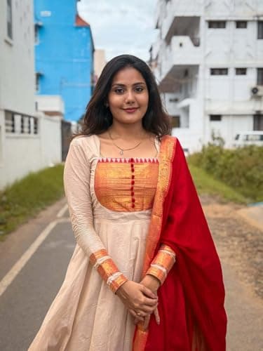 Chanderi Cotton Fabric Anarkali Dress Set with Jacquard Weaving and Zari Border, Traditional Indian Ethnic Wear Gown for Weddings, Festivals, and Special Occasions (Women, Cream Red, L) 3