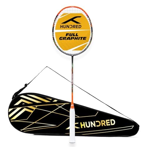 Hundred Powertek 1000 Pro Graphite Badminton Racket, Strung with Full Racket Cover, Lightweight Shuttle Bat for Intermediate Players – Black/Orange Red