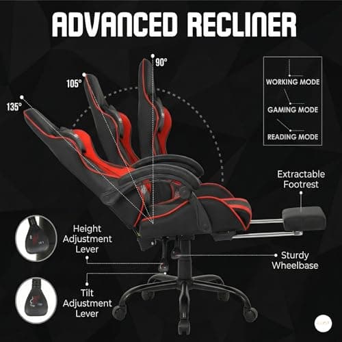 Dr Luxur Musclerice Gaming Office Desk Ergonomic Lumbar Support, PU Leather High Back Adjustable Swivel Task Chair with Footrest, Removable Neck, Linkage Arm Rest (Musclerice Leatherette Red) 4