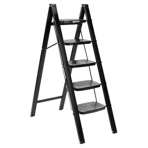 Amazon Basics Clamber Max - Non-Trip and Flat-Foldable Step Ladder, with Anti-Skid Steel Steps, 5 Steps (Steel, Matte Black) 5