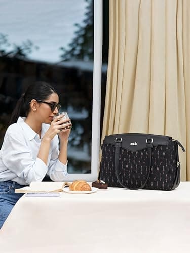 ZOUK Ikat GreRed Printed Jute Vegan Leather Black and Red Women's Office Work Bag With Double Handles Strap 2