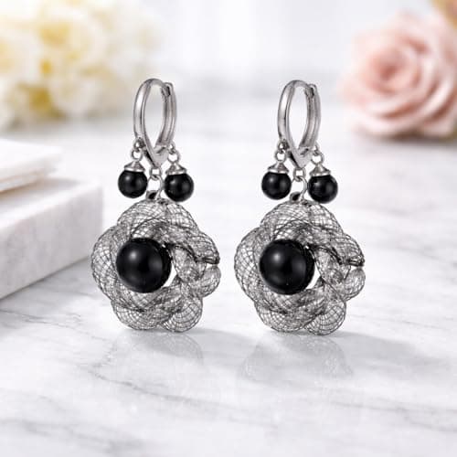 MIAMI Korean Style Black Bead Mesh Drop Earrings set for Women & Girls | Designer Statement hoops Bali | Stylish Ear Rings Jewellery for woman Accessory | Valentine Gift for Girlfriend couple -253 3