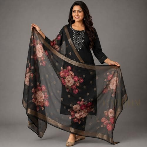 Kaththai Women Embroidered Kurta and Pant Set with Dupatta | Ethnic Suit Set for Women | Floral Printed Organza Dupatta | Festive, & Traditional Kurta Set 5