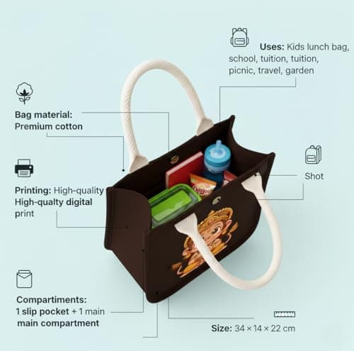 HOBBY INDIA Kids Lunch Bag | Cute & Stylish Mini Tiffin Bag for Boys & Girls | Cute Cotton Cartoon Design I Perfect For Picnic Tuition School, Preschool & Playschool (Hanuman) 5