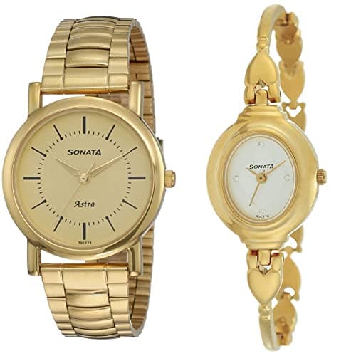 Sonata Analog Champagne Dial Couple's Gold, Metal Watch (77049Ym01C+Nk8092Ym03) | Rakshabandhan Gifts