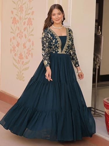 LAZZLY Women’s Elegant Anarkali Kurta | Embroidered Traditional | Ethnic Flared Dress for Casual Wear (in, Alpha, L, Regular, MC_Rama) 2