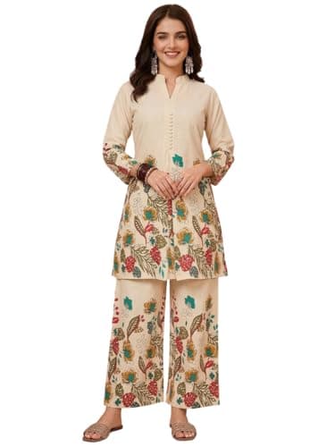 Women's Ethnic Co-Ord Set | Kurta Pant Set | Kurta Palazzo Set | Stylish Cotton Suit Set for Women, Festival Co-ord Set (in, Alpha, XL, Regular, Woman, Leaf Off-White)