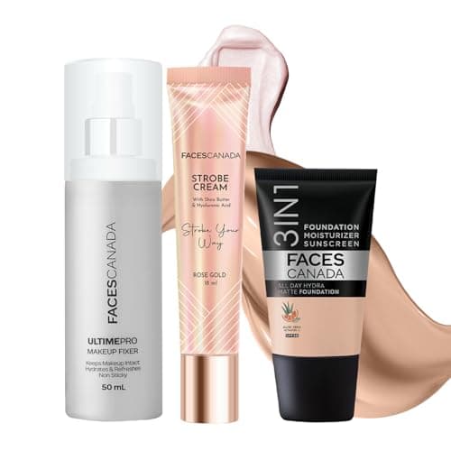FACES CANADA Always On Shine Combo - All Day Hydra Matte Foundation - Rose Ivory 011 (18 ml) + Strobe Cream - Rose Gold (18ml) + Ultime Pro Makeup Fixer (50 ml) | Illuminating & Glowing Makeup Base | 