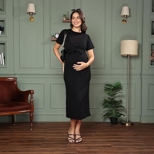MomToBe Women's Polyester Bodycon Maternity Dress for Pre and Post Pregnancy (Ink Black ; Medium) 2