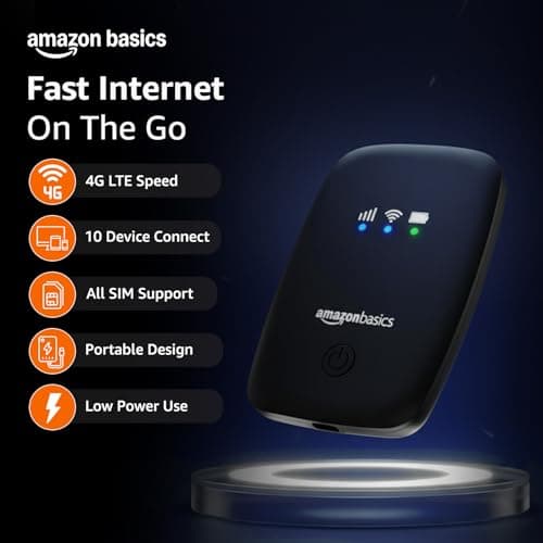 Amazon Basics 4G LTE Wireless Dongle with All Sim Network Support|Single_Band Plug & Play Data Card Stick with Up to 150Mbps WiFi Hotspot|2200Mah Rechargeable Battery| Sim Adapter Included (Black) 2