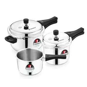 Bergner Sorrento Stainless Steel Outer Lid Pressure Cooker Combo - 5 Liters Cooker, 2 Litres and 3 Litres Cooker with a Common Lid, Heavy Bottom, Healthy Cooking - Induction and Gas Stove Ready