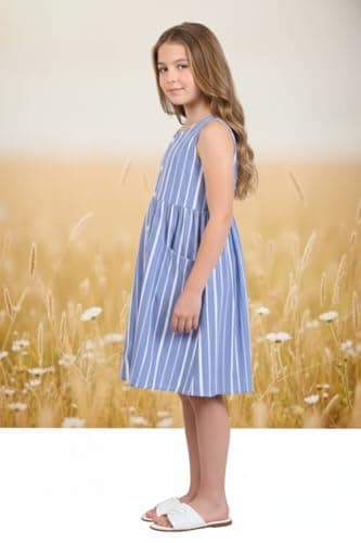 Cloth Bites Girls' Summer Cotton Striped Sleeveless A-Line Dress – Casual Button-Down Frock with Pockets Knee-Length Sundress for Kids Light Blue 5