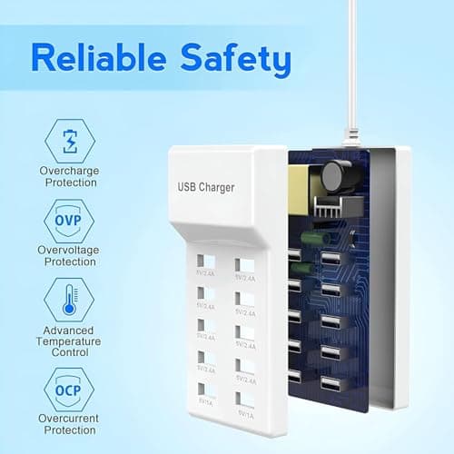 USB Charger Station 10 Port, Desktop Multi Port USB Charger Hub,with Rapid Charging Auto Detect Technology Safety Guaranteed Compatible with iPhone, iPad, Tablet & Multiple Device 4