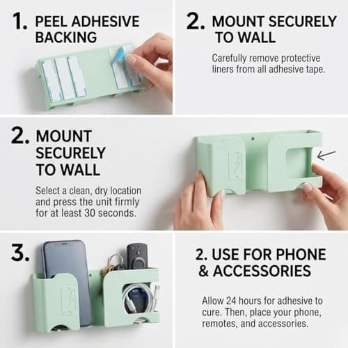 House Beauty Wall Mounted Mobile Charging Holder Stand | Plastic Phone Charging Dock Organizer with Cable Management | Multi Purpose Remote & Smartphone | Space Saving Wall Shelf (1, Green, Standard) 4