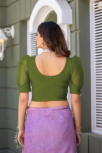Amazon Brand - Anarva Round Neck Lycra Stretchable Puffed Elbow Sleeve Readymade Saree Blouse for Women Stylish(formi-army-green-blouse-2xl) 2