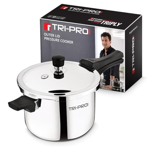 Bergner TriPro Triply Outer Lid Pressure Cooker 5 Litres, Bakelite Safe Grip Handle, Healthy Cooking, Even and Faster Heat Distribution, Easy to Clean, 2.5mm Thickness - Induction and Gas Stove Ready
