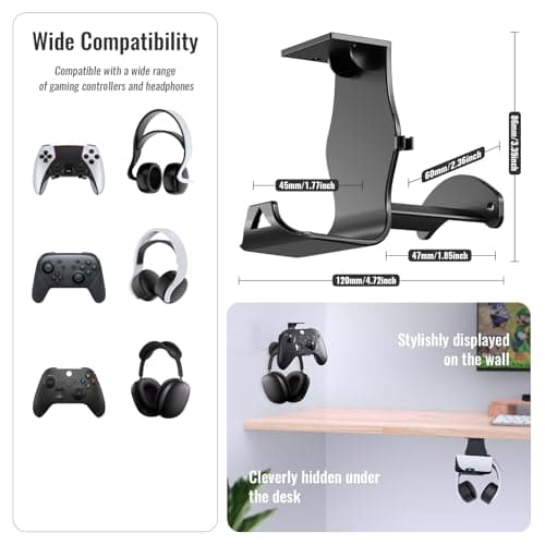 ADDGRIP Wall Mount/Under Desk Game Controller and Headphone Stand | Universal Dual Hanger Holder Compatible with Xbox, PS5, Series X, ONE, PS4, PS3, Switch, Nintendo, PC & More 4