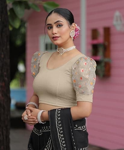 Amazon Brand - Anarva Round Neck Lycra Stretchable Puffed Elbow Sleeve Readymade Saree Blouse for Women Stylish (roli-Silver-Blouse-XL) 4