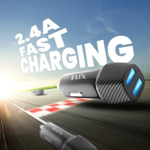 FLiX (Beetel) 2.4A Fast Charging Car Charger, Dual USB Type A connectors, Compatible with All Smartphones, Dashcams, Power Banks & Many More, Supports All Cars 12V Output (24D - Black) 2