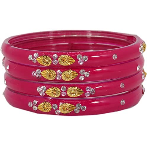 NMII Glass with Zircon Gemstone and Beads Studded Glossy Finished Kada For Women and Girls, Pack of 4, (Magenta_2.6 Inches) 3
