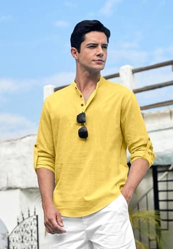 SHOPYCLICK Men’s Cotton Polyester Blend Kurta Shirt | Mandarin Collar Short Placket | Full Sleeve Casual & Ethnic Wear | Lightweight Breathable Fabric | Perfect for Festive, Party Green-Yellow 5