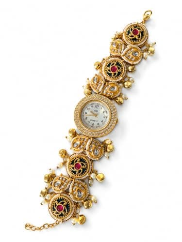Sleekify Heritage Bracelet Watch for Women, Traditional Kashmiri Kundan Watch with Pearl & Ghunghroo Design, Analog Quartz Round Dial, Gold Finish Adjustable Chain Ethnic Wrist Watch